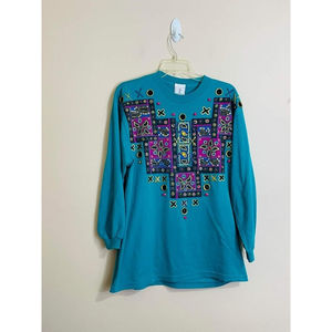 VTG 90s KWBL Los Angeles Womens Hand Painted Shirt Teal Embellished One Size